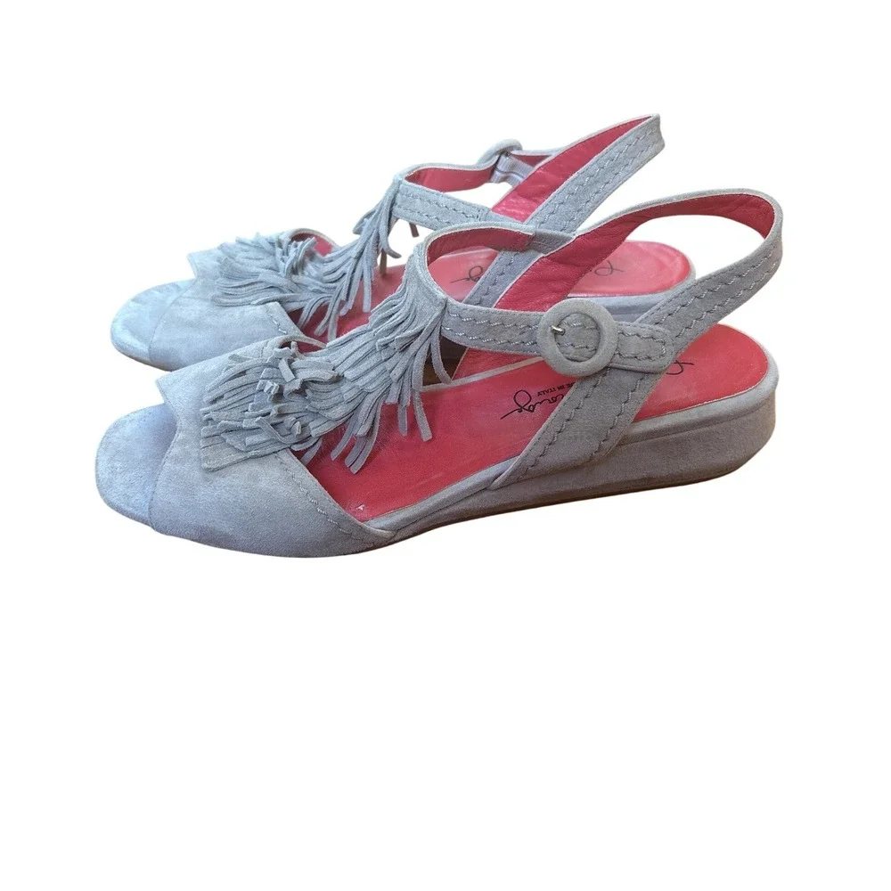 Pas de Rouge Wedge Sandals Women Gray Fringe Suede‎ Slingback Boho SIZE 38.5